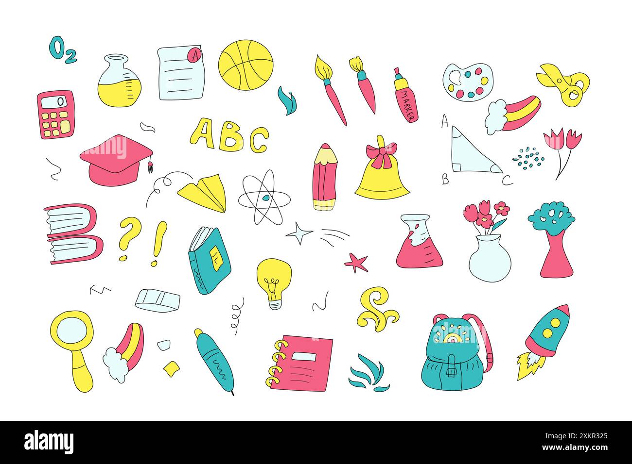 Childrens school doodle elements set. Education stationery supplies ...