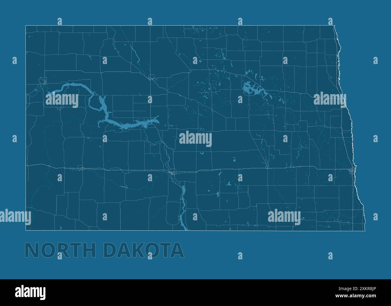North south state highway Stock - North Dakota United States Artistic Blueprint Map Poster 2XKR8JP