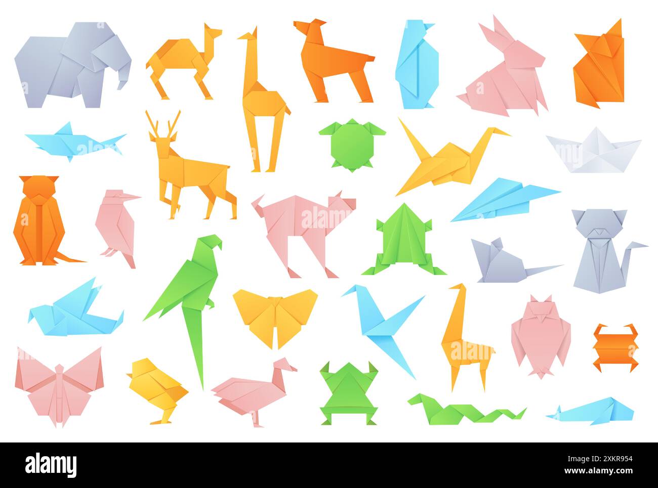 Origami animals. Geometric folded shapes for japanese game paper boat and fox, crane and fog, cat and elephant, rabbit. Crafting hobby vector set Stock Vector