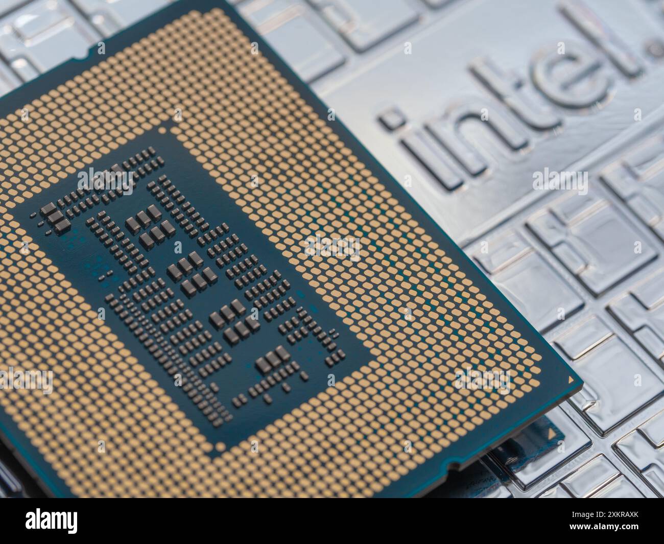 Intel logo on an Intel Core 14th gen i9-14900K processor case, focus on ...