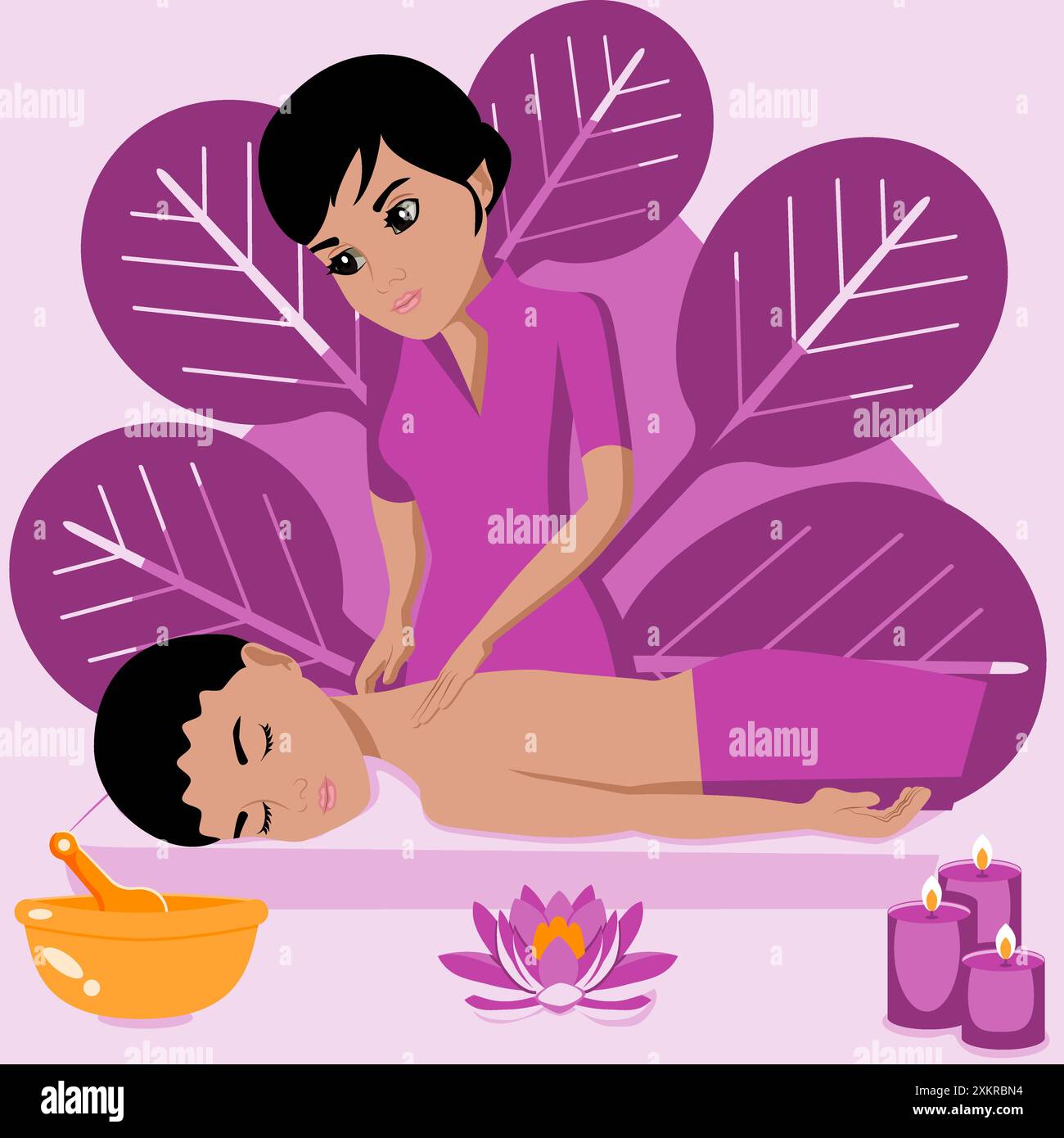 Traditional wellness back and neck massage with professional massage therapis in spa. Indian nationality. Isolated flat vector illustration. Stock Vector