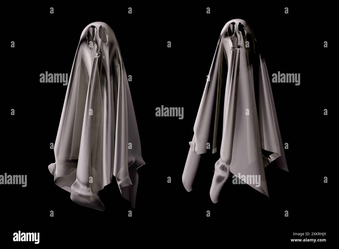 Set of spooky scary Halloween ghosts in bed sheet isolated on black background. Stock Photo