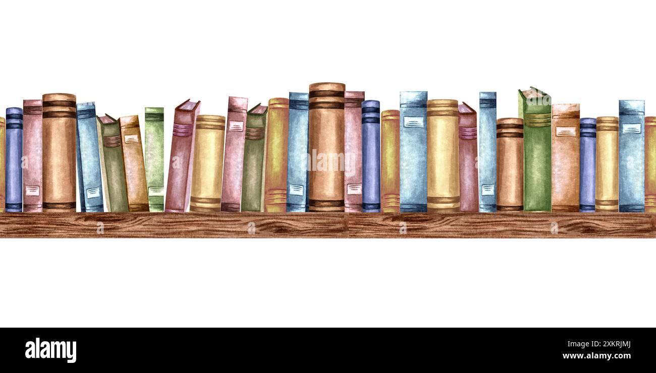 Books in vintage bindings lined on wooden shelf. Seamless border with ...