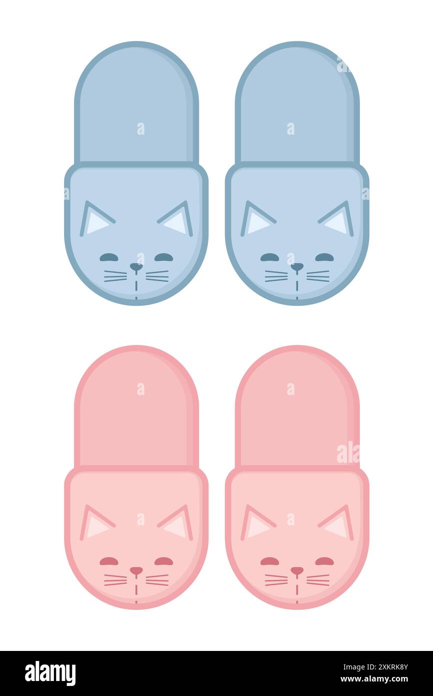 Pink and blue cat slippers. House slippers with cat face. Vector illustration Stock Vector