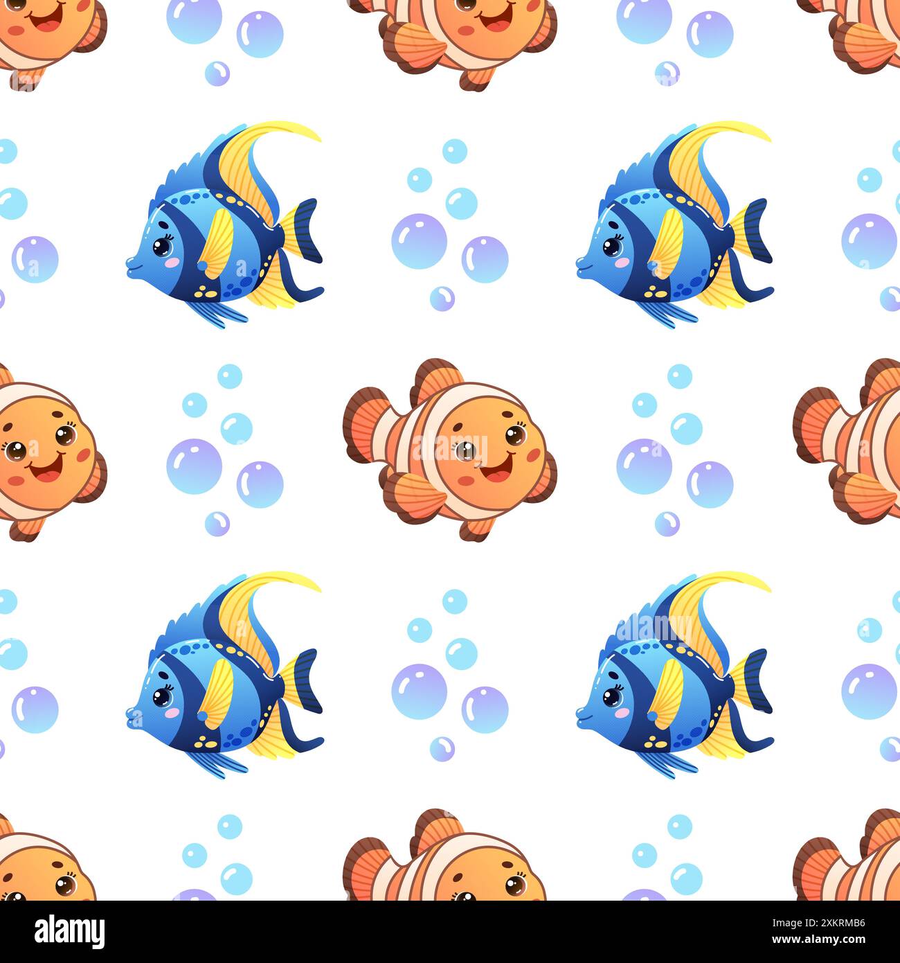 Vector seamless pattern featuring adorable blue and orange fish with bubbles on a white background.  Stock Vector