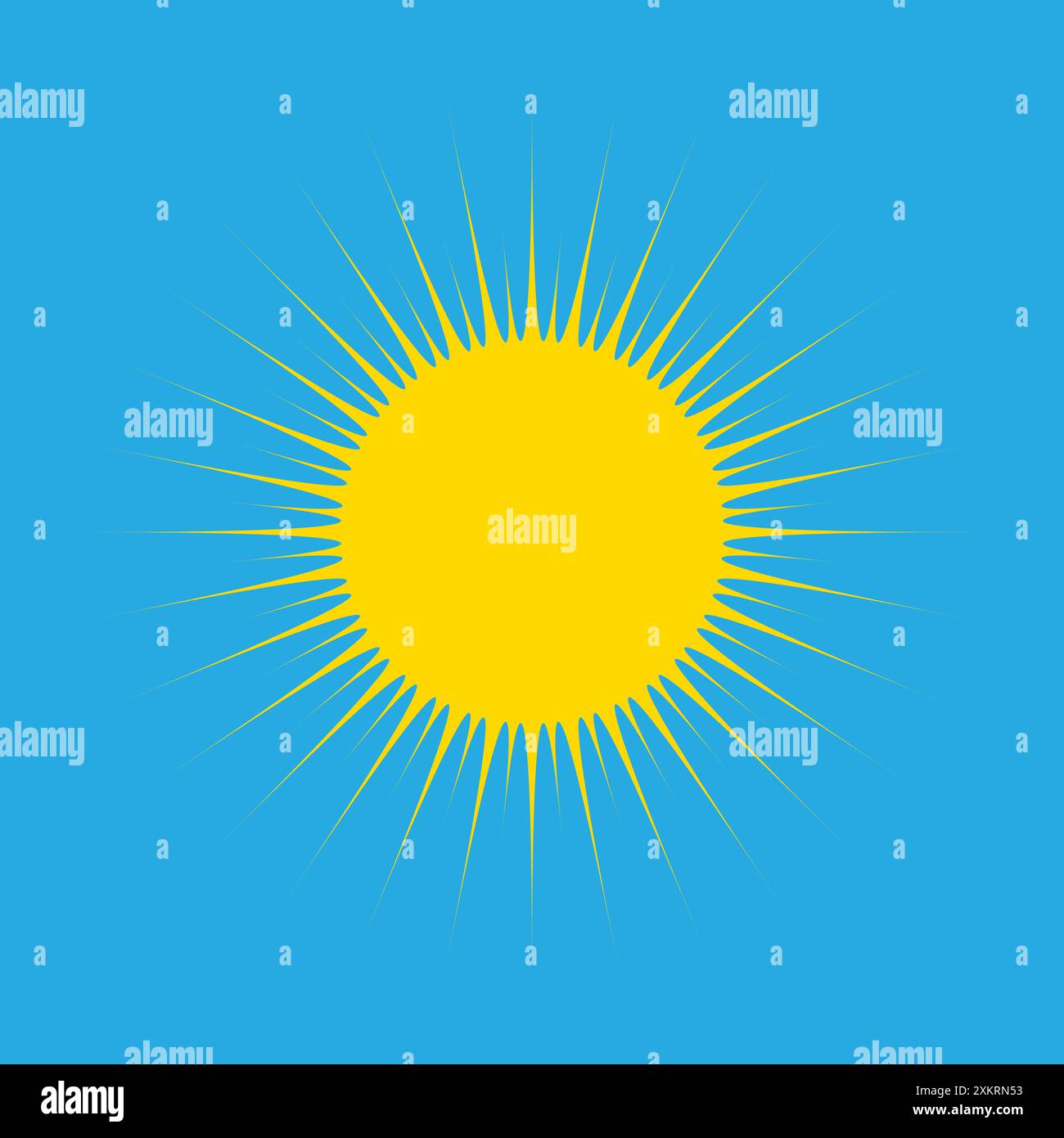 Yellow sun icon. Blue background vector. Radiating sun rays. Bright ...