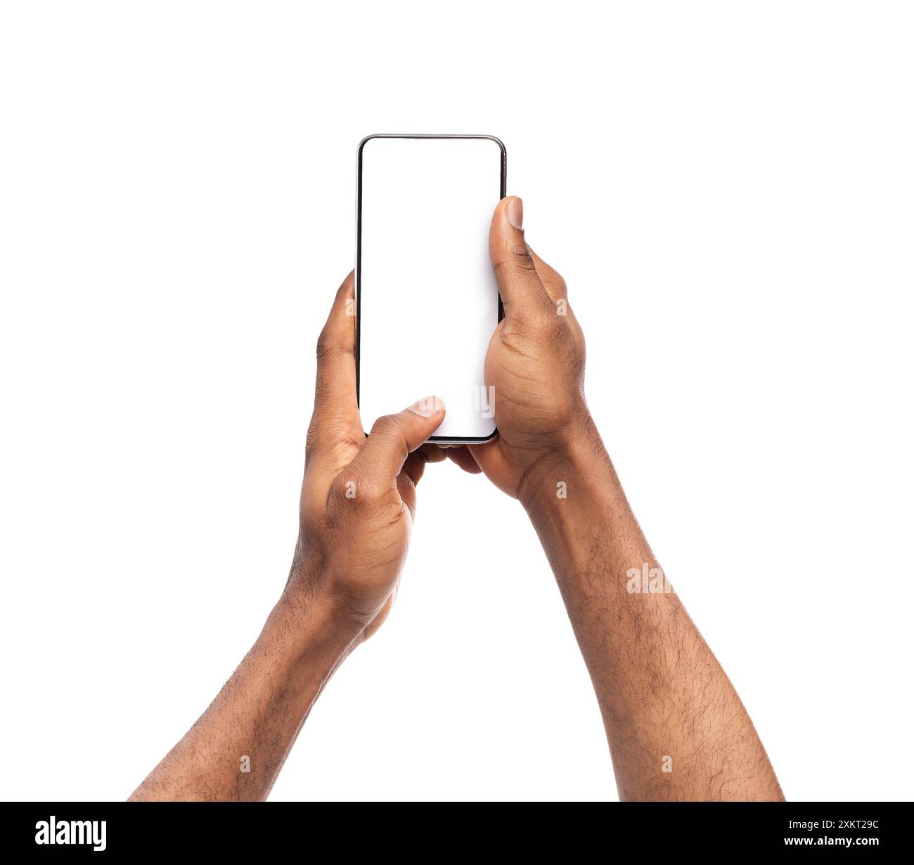 Black man's hands holding mobile phone with blank screen, taking photo ...