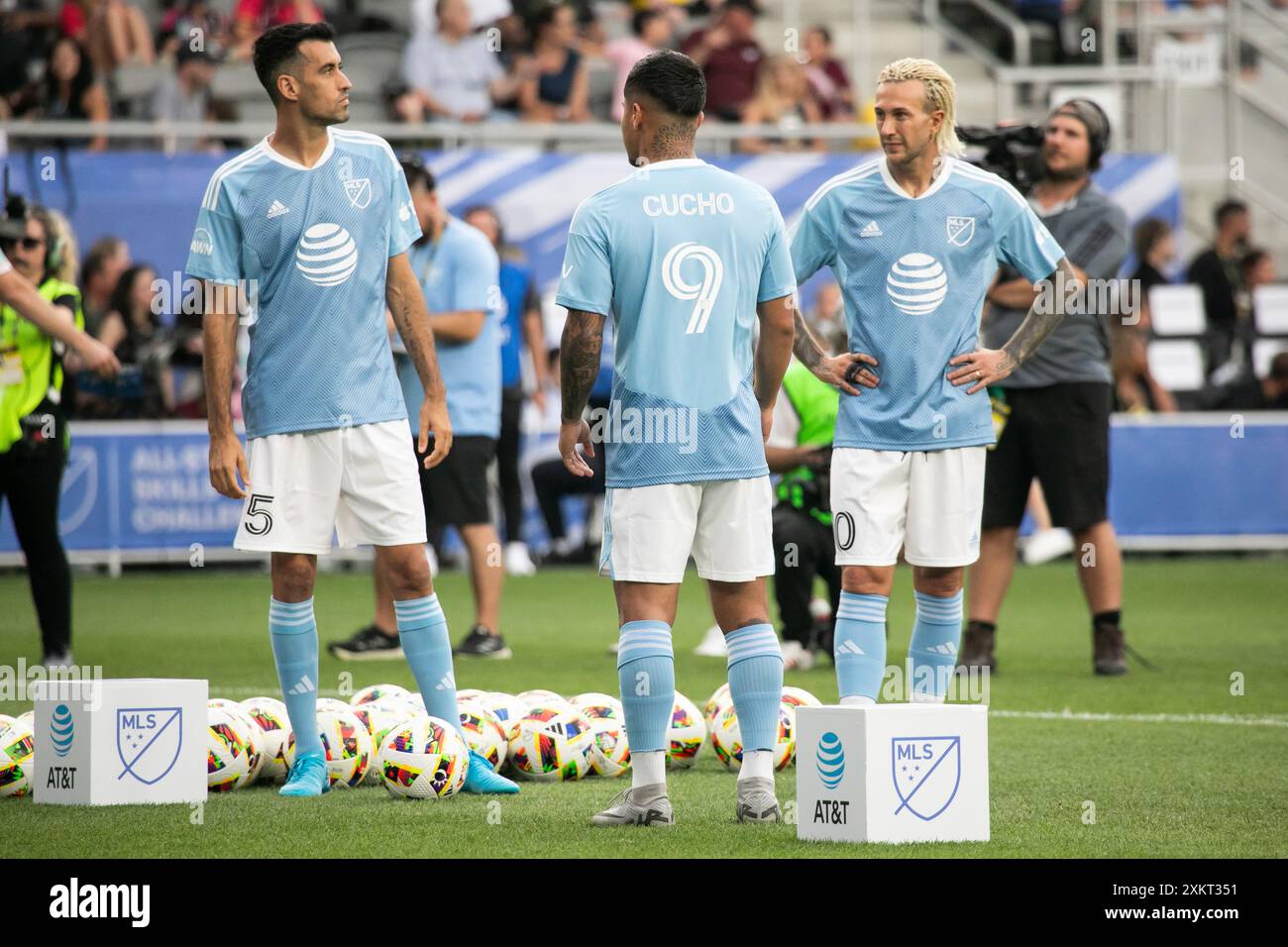 Columbus, Ohio, USA. 23rd July, 2024. Inter-Miami midfielder Sergio Busquets (left), Toronto FC forward Federico Bernardeschi (middle), Columbus Crew forward Cucho Hernandez (right). The MLS All-Star Challenge takes place the day before the All-Star match between MLS and Liga MX at Lower.com Field. Credit: Kindell Buchanan/Alamy Live News Stock Photo