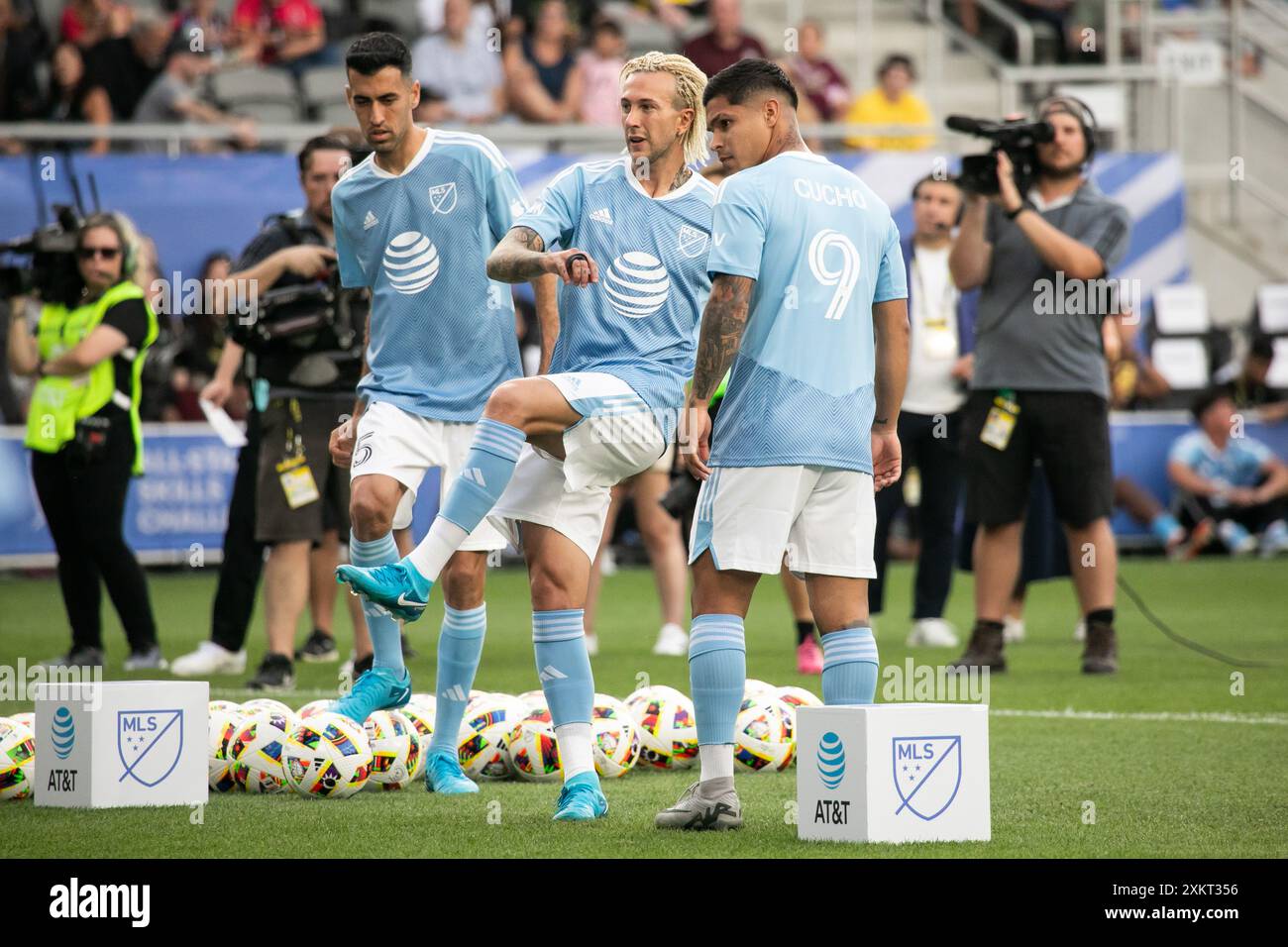 Columbus, Ohio, USA. 23rd July, 2024. Inter-Miami midfielder Sergio Busquets (left), Toronto FC forward Federico Bernardeschi (middle), Columbus Crew forward Cucho Hernandez (right). The MLS All-Star Challenge takes place the day before the All-Star match between MLS and Liga MX at Lower.com Field. Credit: Kindell Buchanan/Alamy Live News Stock Photo