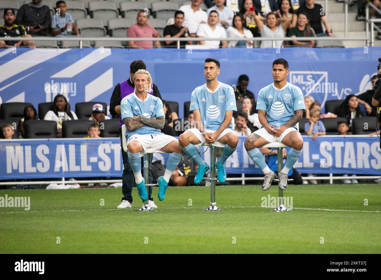 Columbus, Ohio, USA. 23rd July, 2024. Toronto FC forward Federico Bernardeschi (left), Inter-Miami midfielder Sergio Busquets (middle), Columbus Crew forward Cucho Hernandez (right). The MLS All-Star Challenge takes place the day before the All-Star match between MLS and Liga MX at Lower.com Field. Credit: Kindell Buchanan/Alamy Live News Stock Photo