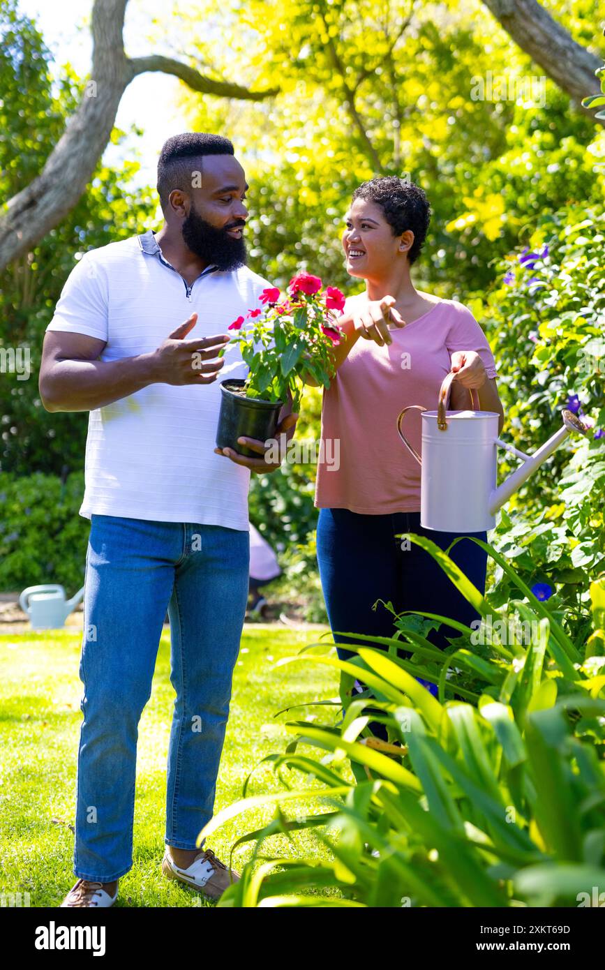 Gardening together, african american man holding potted plant while ...