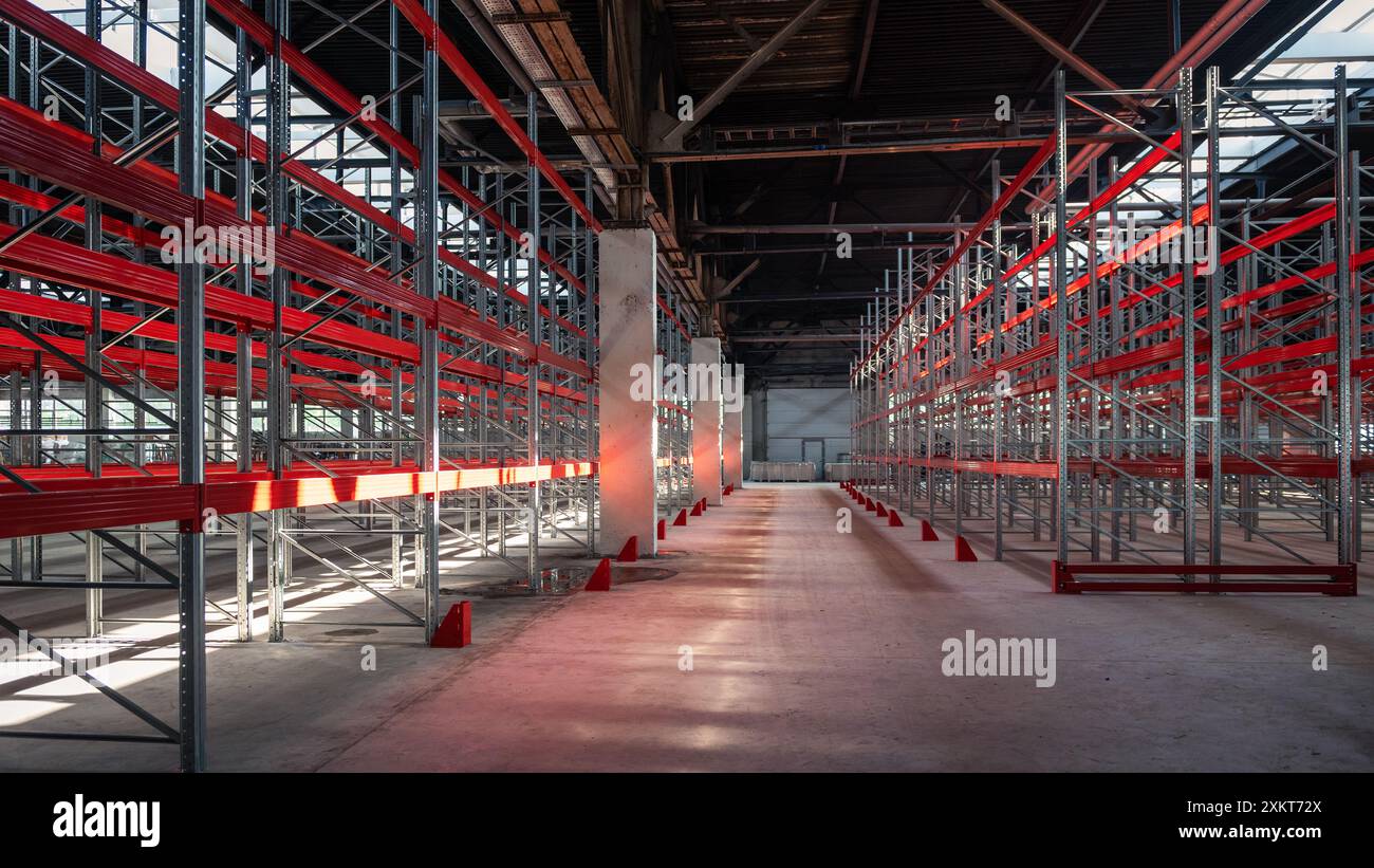 logistics warehouse concept with empty high pallet racks, shelving ...