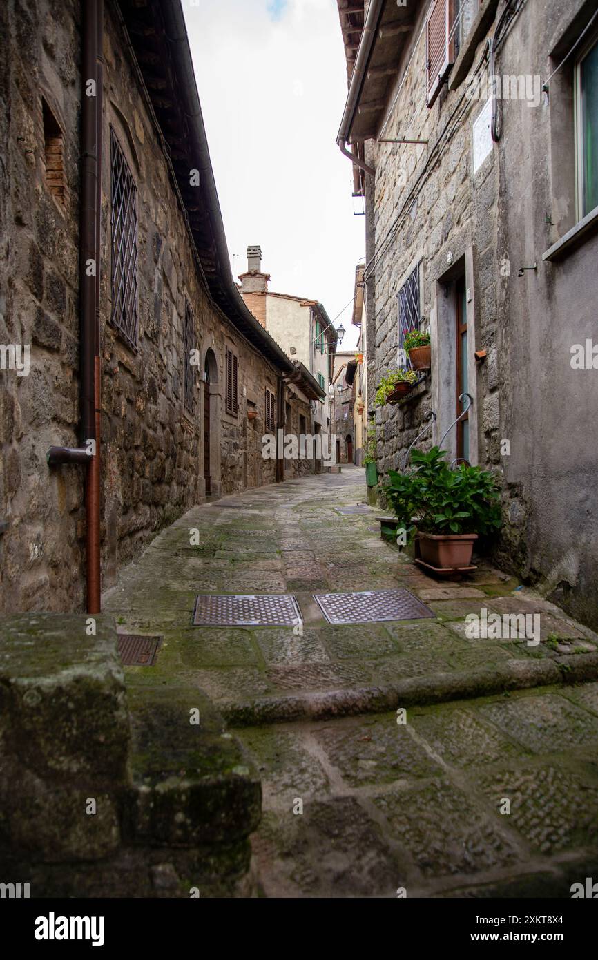 A characteristic paved street of the village, with plants and flowers ...