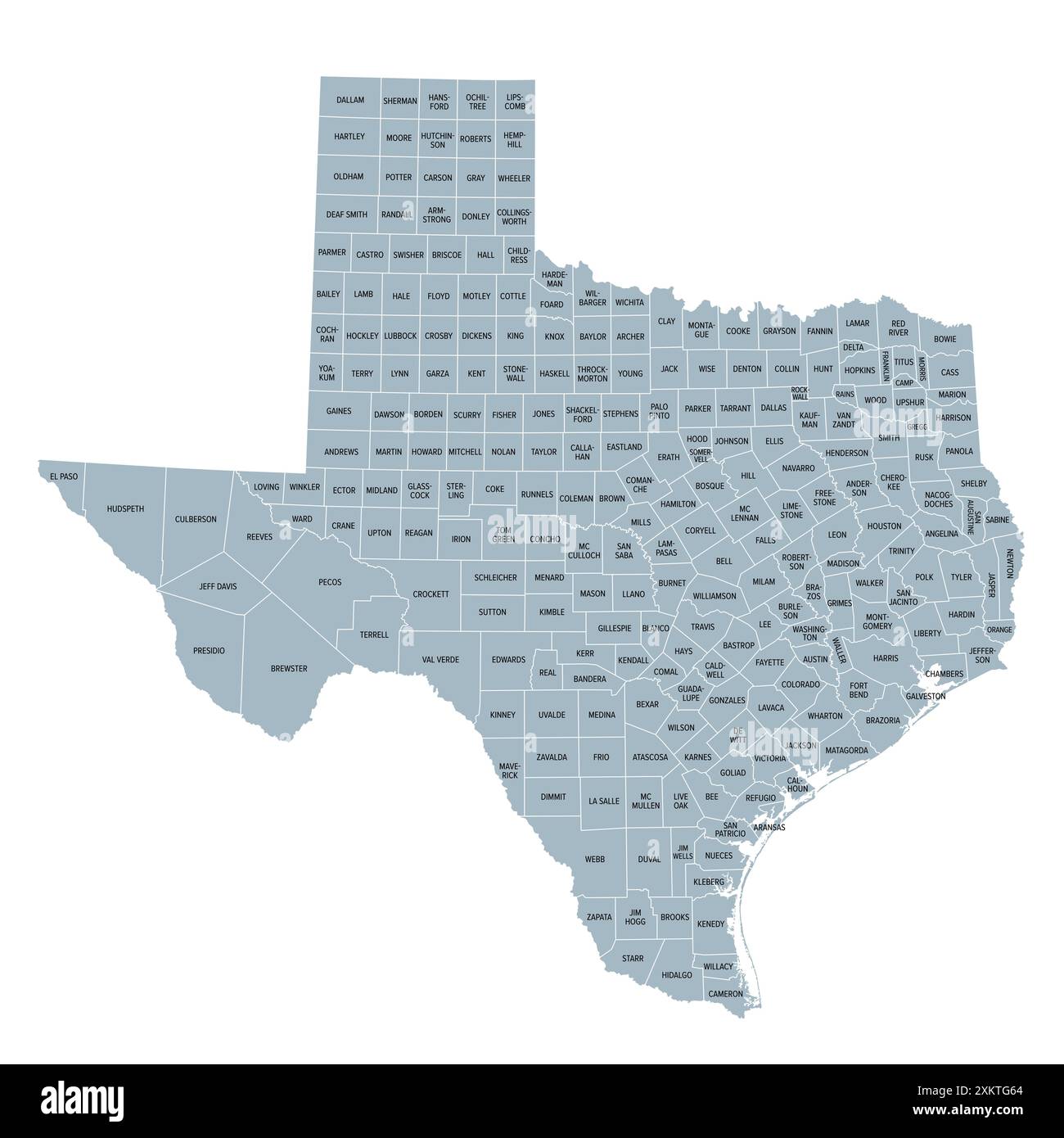 Texas counties gray political - Texas Counties Gray Political Map State In The South Central Region Of The United States Subdivided Into 254 Counties Nicknamed Lone Star State 2XKTG64