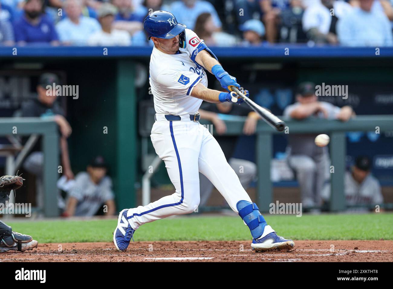 Kansas City, MO, USA. 23rd July, 2024. Kansas City Royals third baseman Nick Loftin (12) bats against the Arizona Diamondbacks at Kauffman Stadium in Kansas City, MO. David Smith/CSM (Credit Image: © David Smith/Cal Sport Media). Credit: csm/Alamy Live News Stock Photo