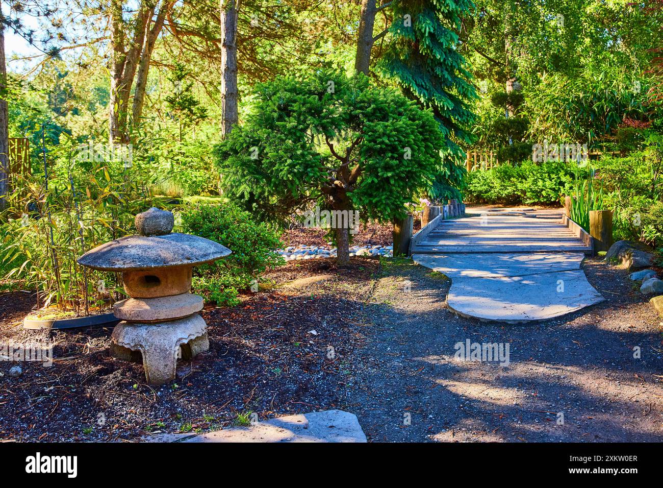 Serene Garden Path with Stone Lantern and Lush Greenery at Eye Level ...