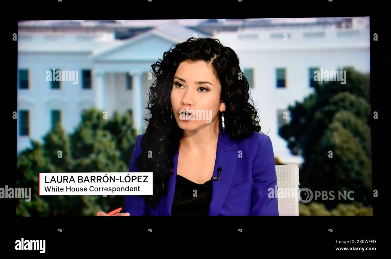 A computer screen shot of the PBS News Hour program and White House