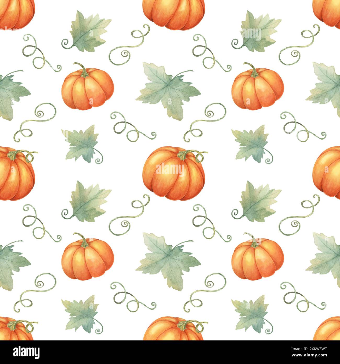 Orange pumpkins with green leaves and vines clipart. Watercolor ...