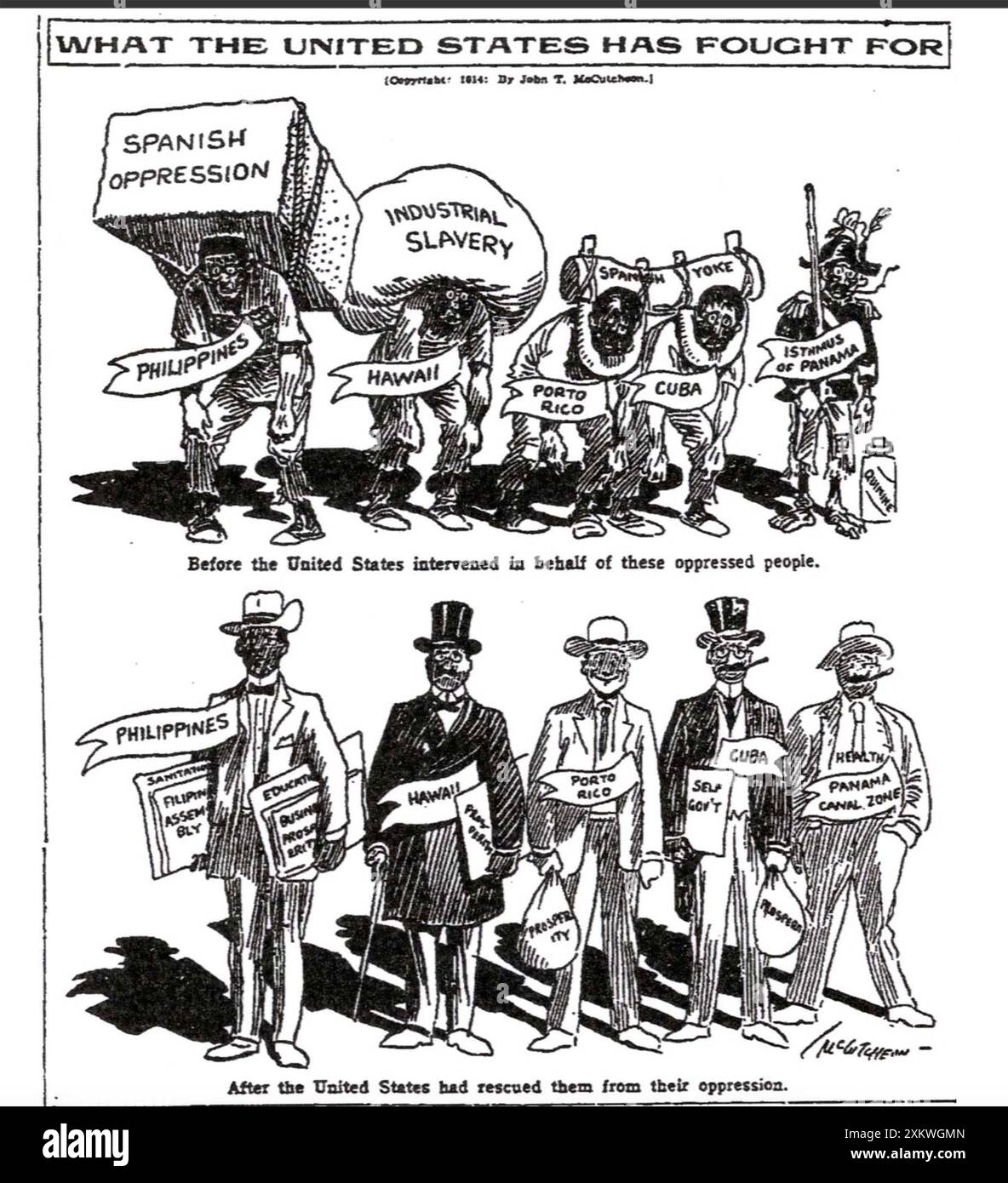 WHAT THE UNITED STATES HAS FOUGHT - What The United States Has Fought For Cartoon Published In The Chicago Tribune 0n 26 April 1914 Showing How The Us Has Liberated Suffering People In The Philippines Hawaii Puerto Rico Cuba And Panama 2XKWGMN 