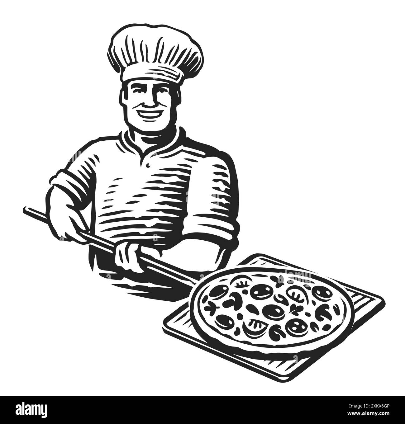 Chef with pizza. Italian food, fast food restaurant emblem or logo