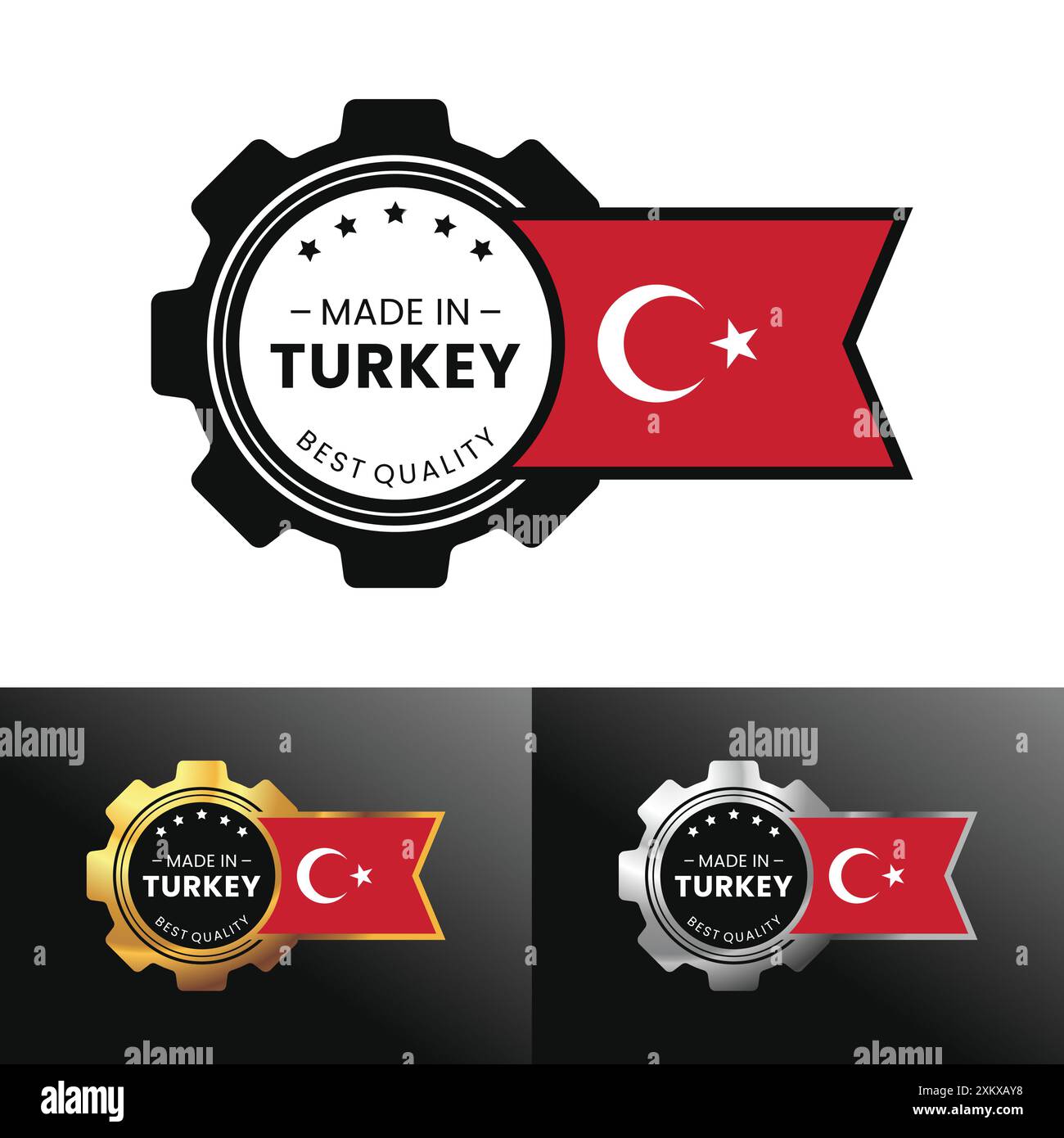Made in Turkey with gear and flag design. For banner, stamp, sticker, icon, logo, symbol, label, badge, seal, sign. Vector Illustration Stock Vector