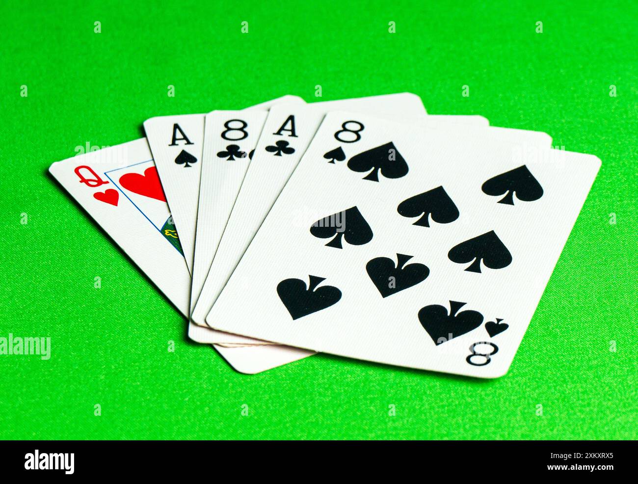 Aces and eights in black suites - the classic 'dead man's hand'. One version of the story says that the fifth card was the queen of hearts Stock Photo