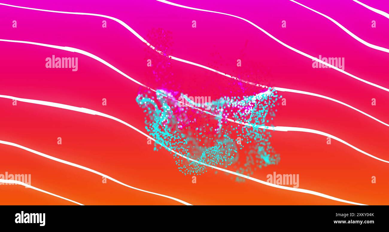 Image of glowing yellow mesh moving over waving pink to red background Stock Photo