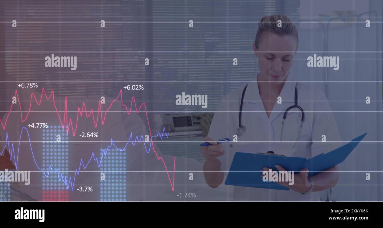Image of financial data processing over caucasian female doctor in hospital Stock Photo