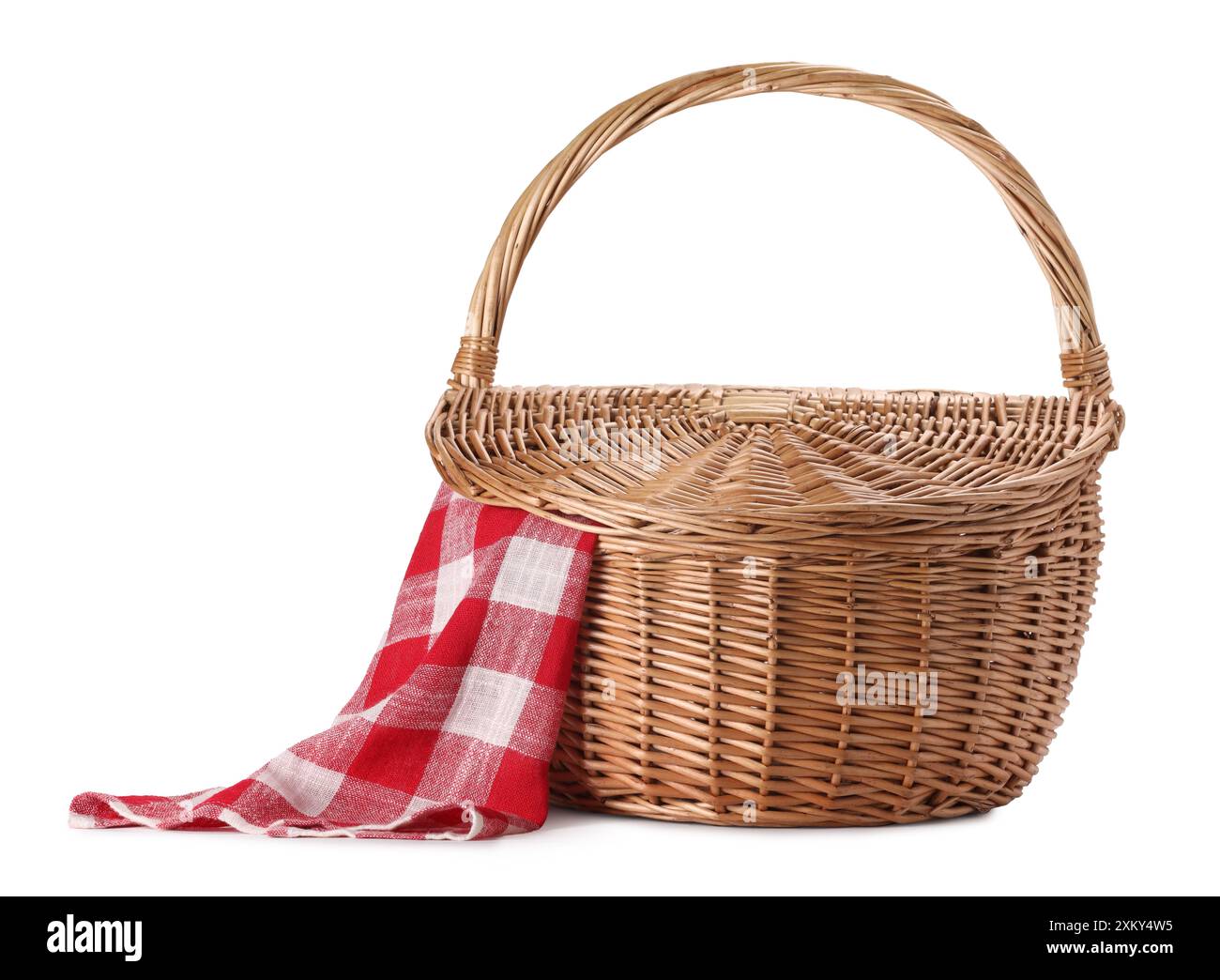 One picnic wicker basket with checkered napkin isolated on white Stock ...