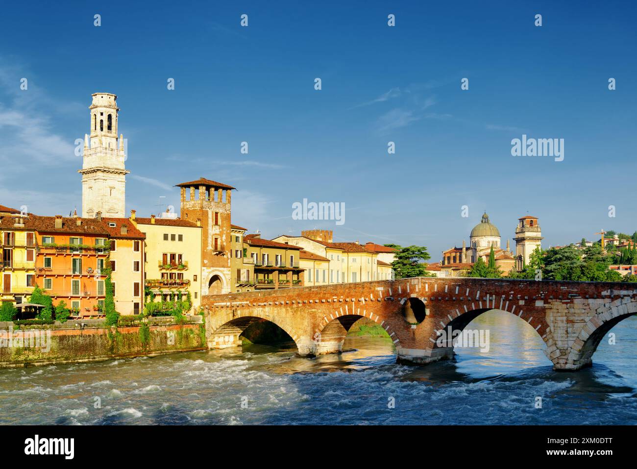 View of waterfront of the Adige River and Ponte Pietra, Verona Stock ...