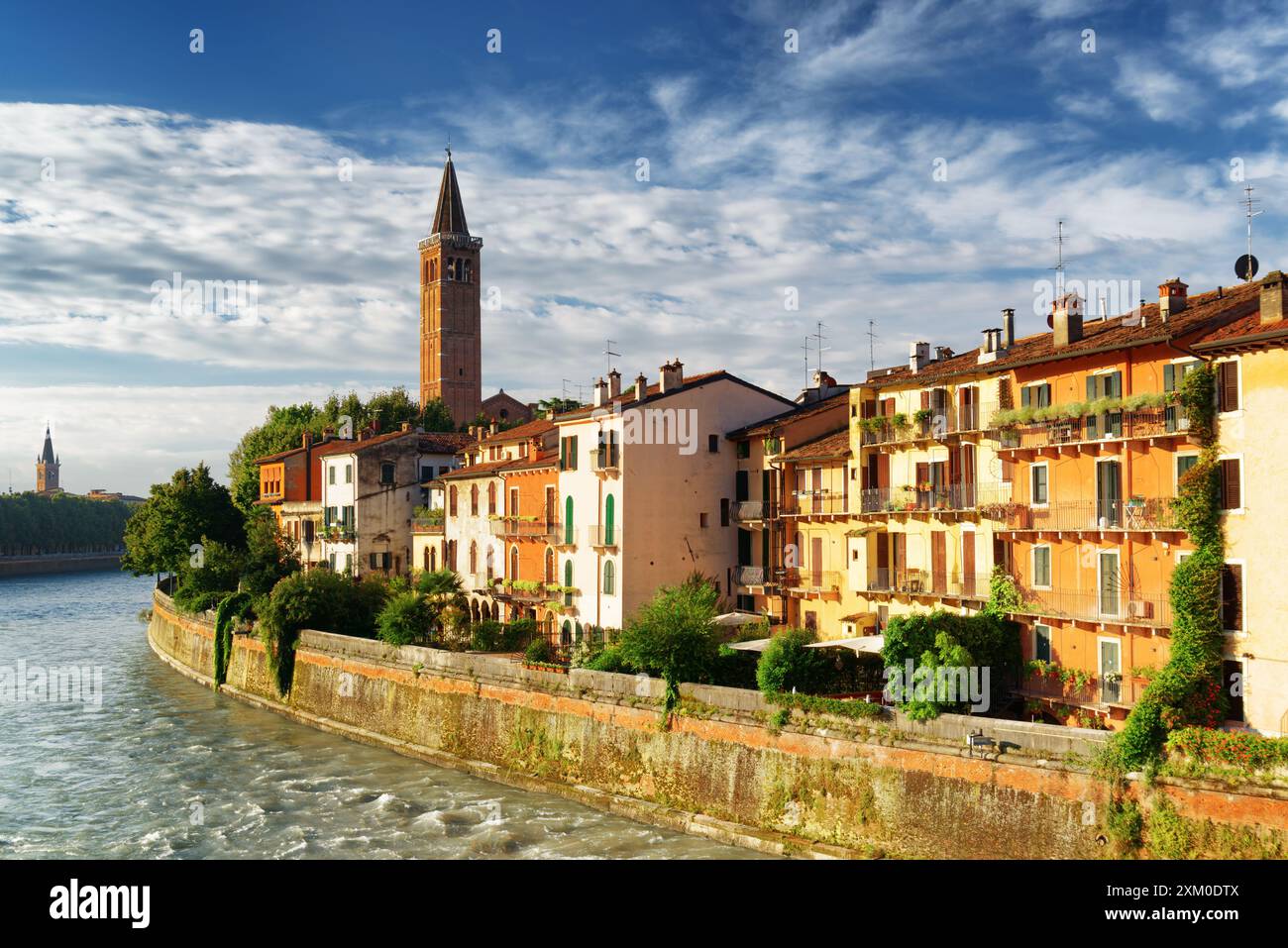 Facades of houses on waterfront of the Adige River in Verona Stock ...