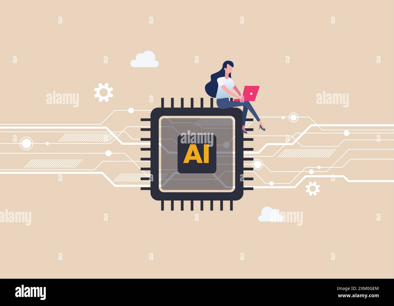 People working with ai artificial intelligence technology. helping or support success work ai prompt. Vector illustration Stock Vector