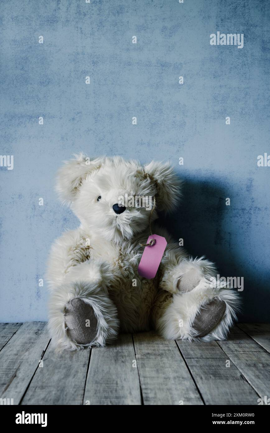 Teddy bear with a label attached. Stock Photo