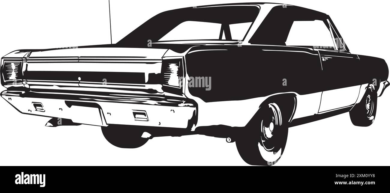 Vintage american muscle car from the 1960s low angle rear right view silhouette vector illustration Stock Vector