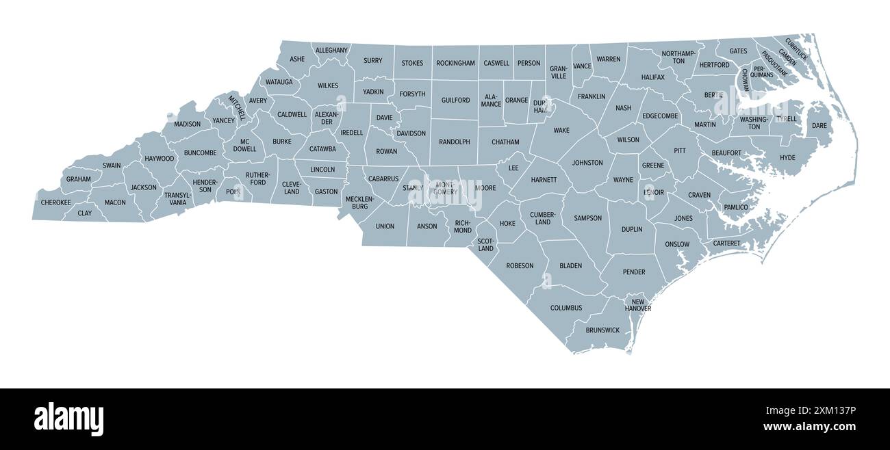 North Carolina Counties Gray Political Map With Borders And County North Carolina Counties Gray Political Map With Borders And County Names State In Southeastern Region Of United States Subdivided Into 100 Counties 2XM137P