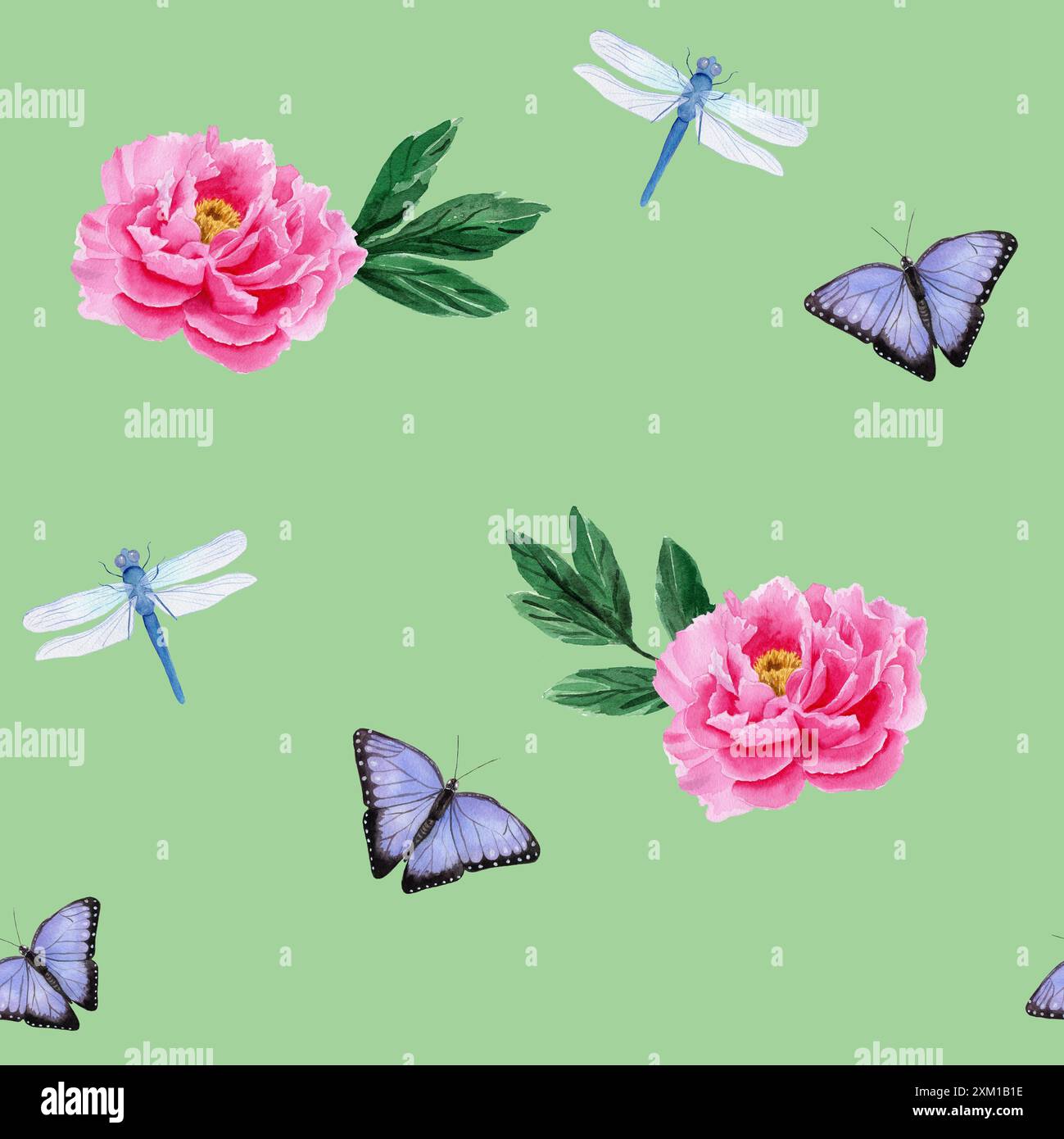 Seamless pattern with pink peonies, lilac butterflies and blue ...