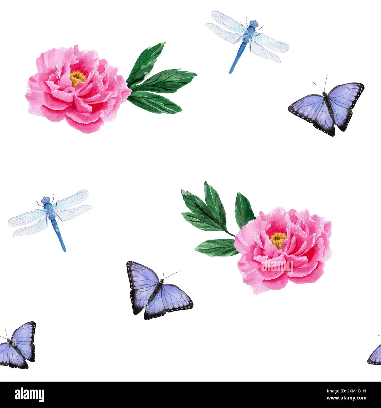 Seamless pattern with pink peonies, lilac butterflies and blue ...