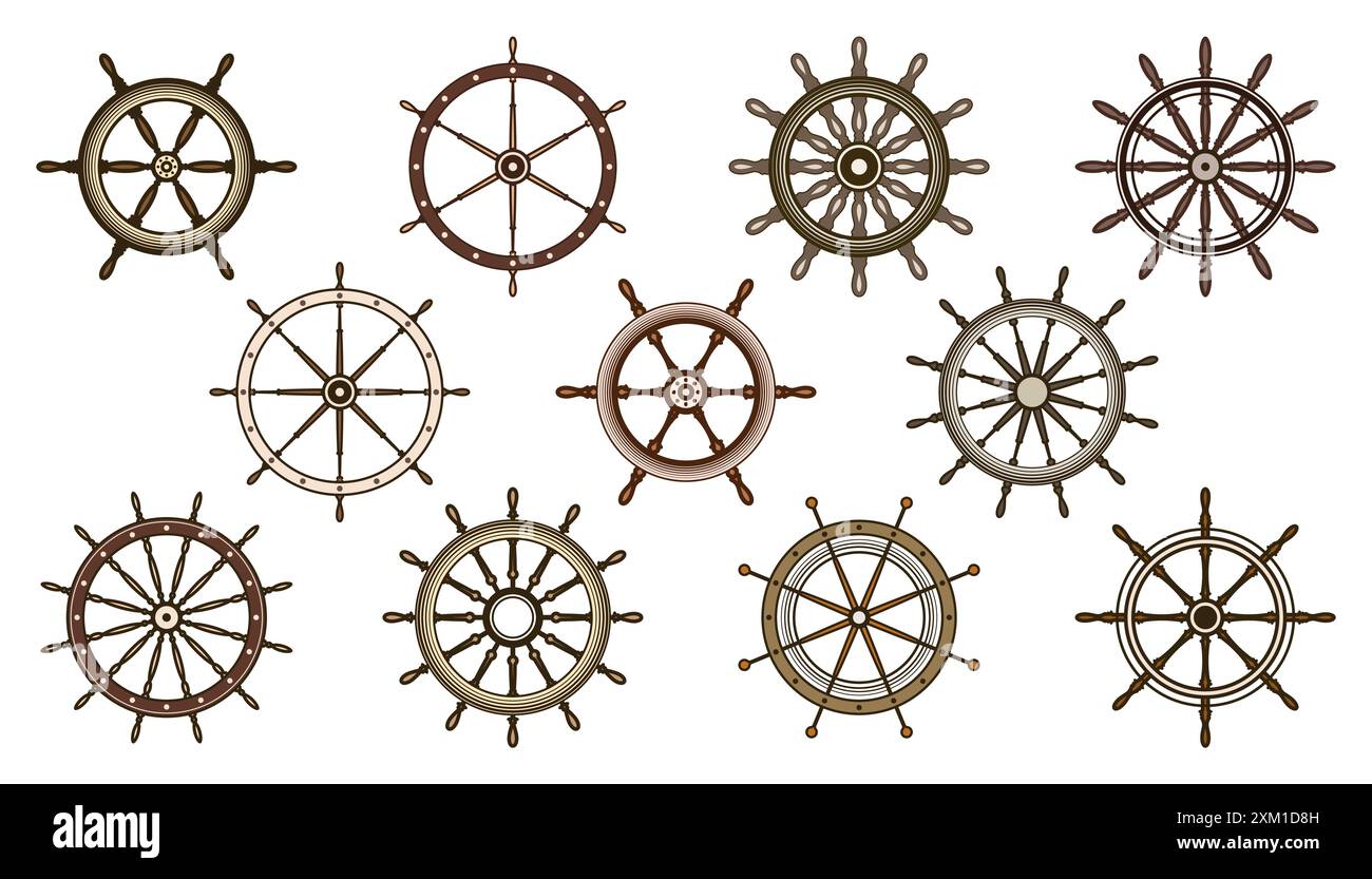 Wooden vintage steering wheels. Ship, sailboat or yacht retro wheel ...