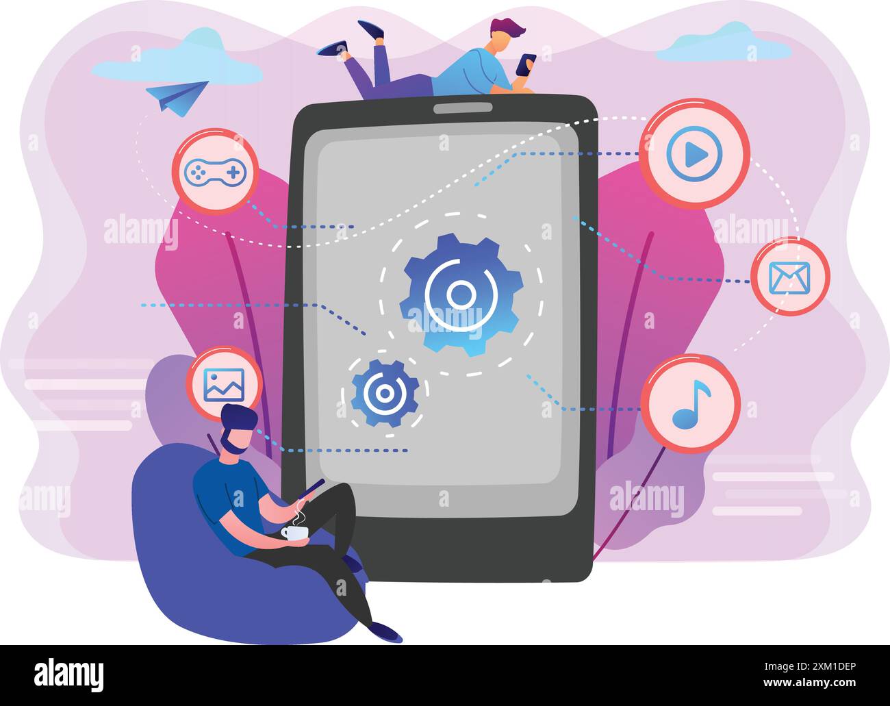 Flat illustration of man with working on app optimization and programming seo. web designers, programmers . mobile content concept. Stock Vector