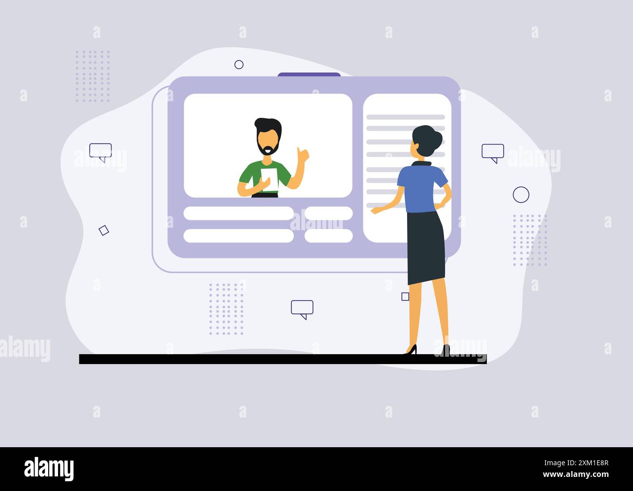 Vector illustration of lady showing social networking development concept. Stock Vector