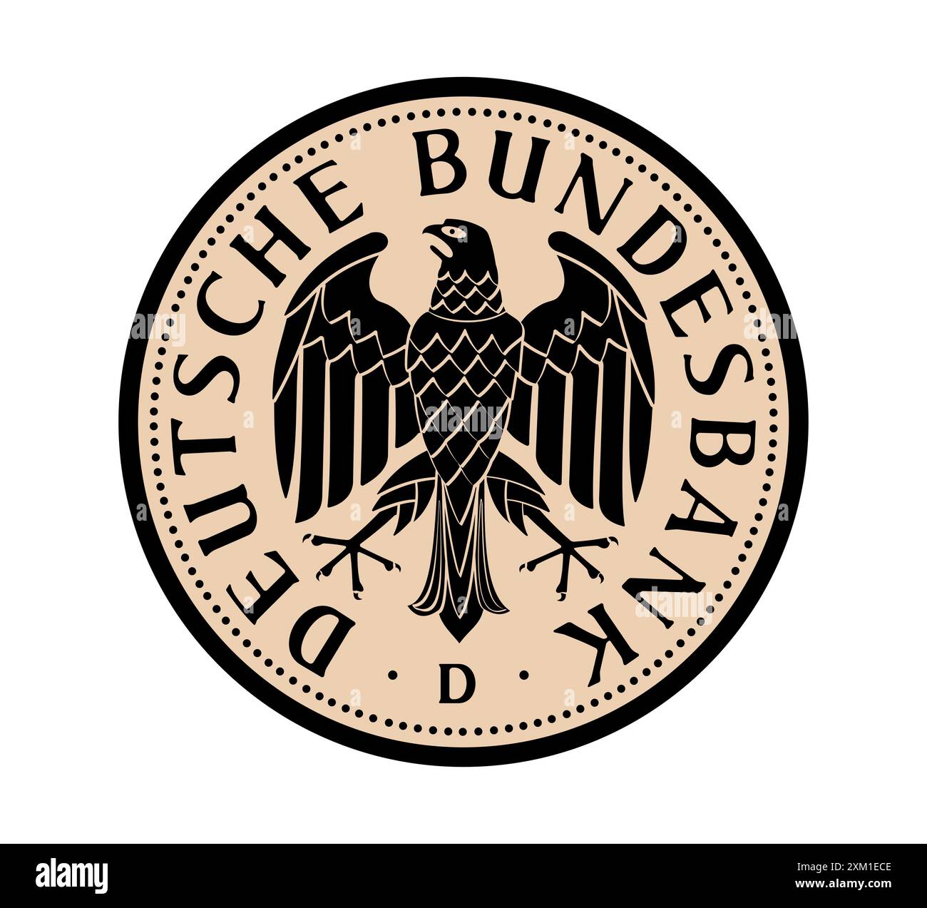 German gold coin, Farewell to the Deutsche Mark, 2001. The coin is depicted in black and white. Stock Vector