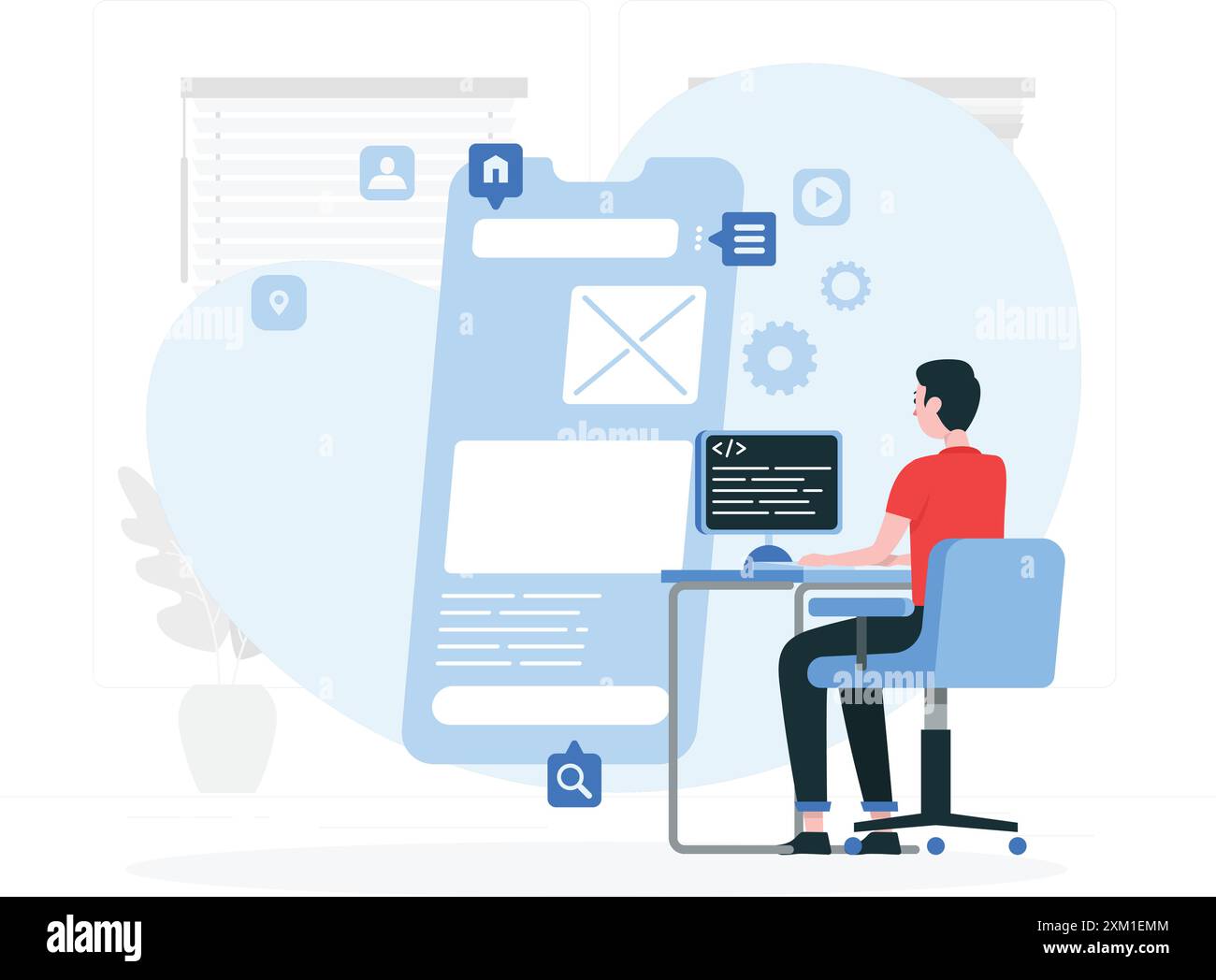Flat illustration of junior software developer working on app optimization and programming seo. web designers, programmers. mobile content concept. Stock Vector