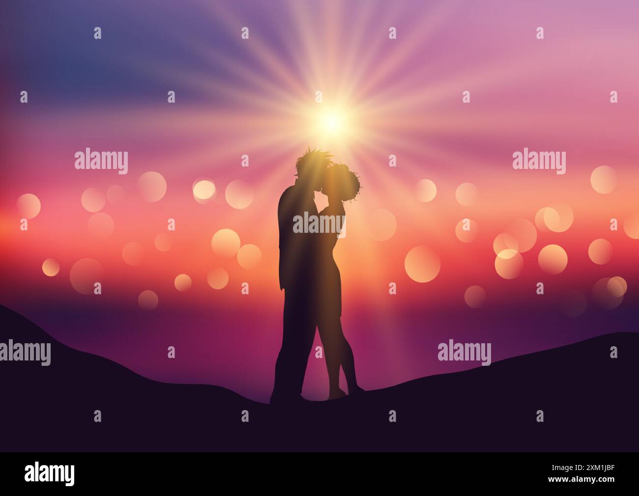 Silhouette of a kissing couple on a defocussed sunset background Stock ...