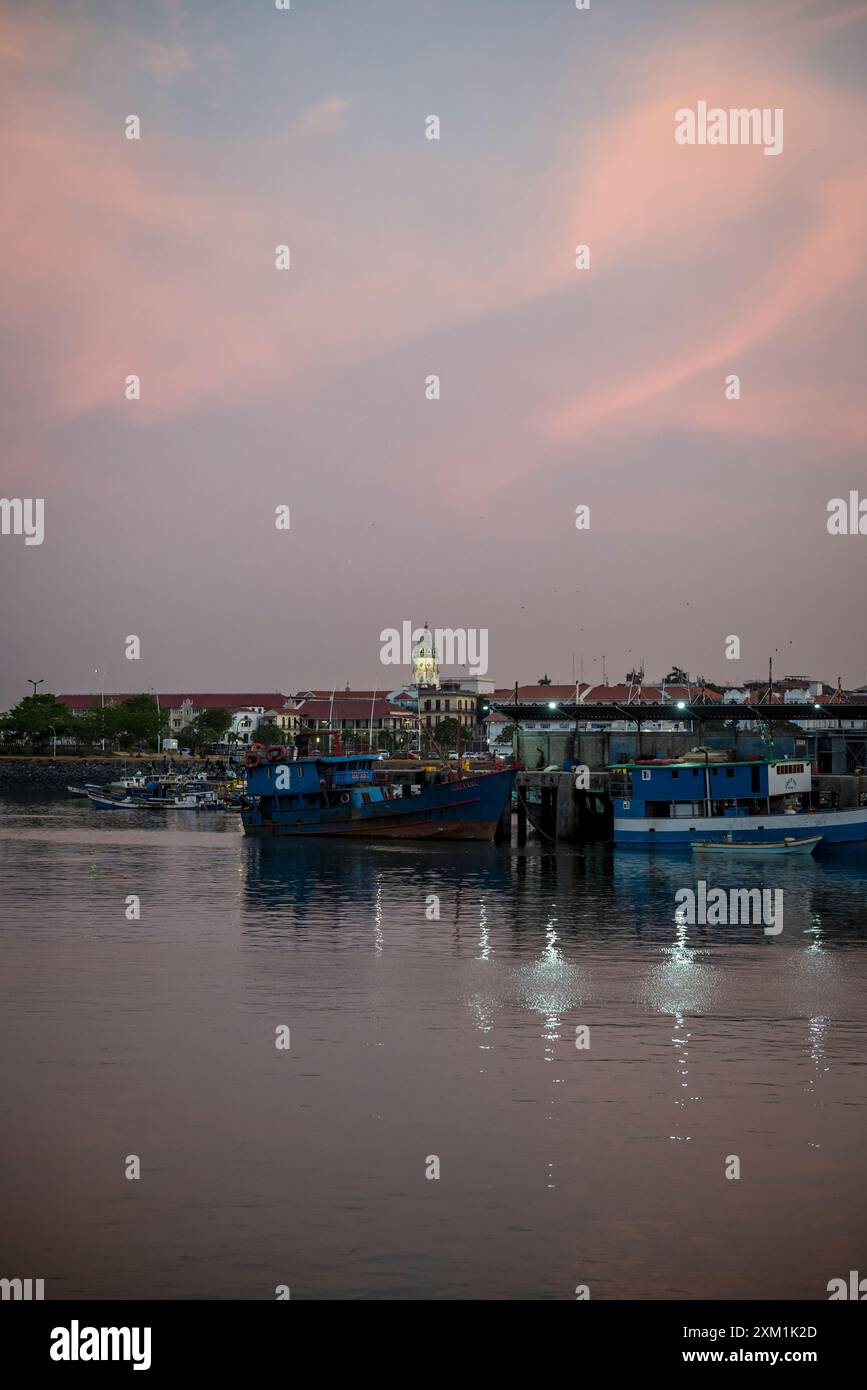 View of Casco Viejo at dusk, the old city centre, Panama City, Panama Stock Photo