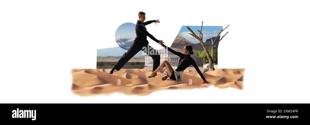 Elegant young couple, man and woman dancing ballroom on desert dunes, with scenic backgrounds of mountains, house, and tree. Contemporary art collage. Stock Photo