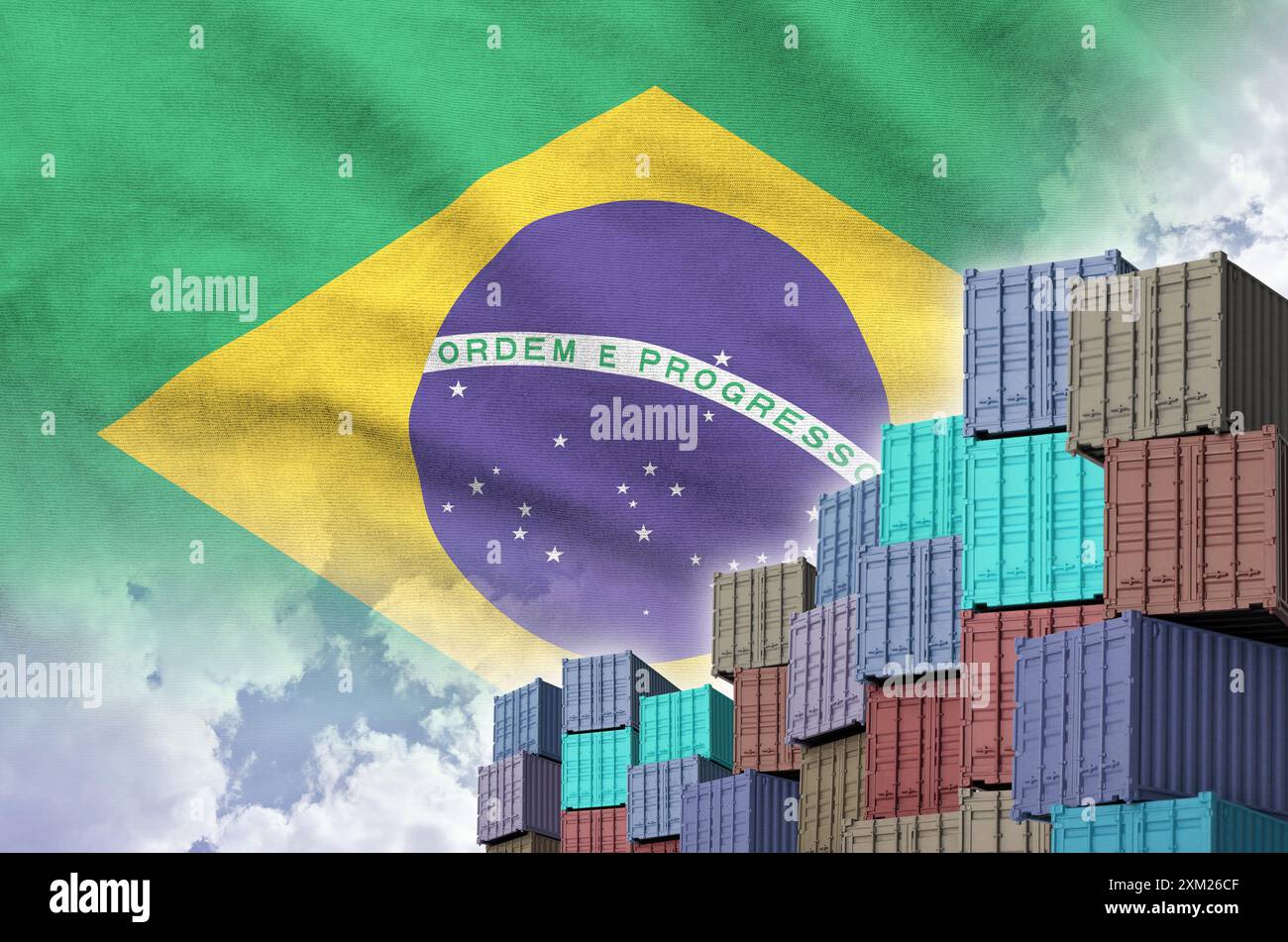 Brazil flag and big stack of shipping cargo containers in docks with ...