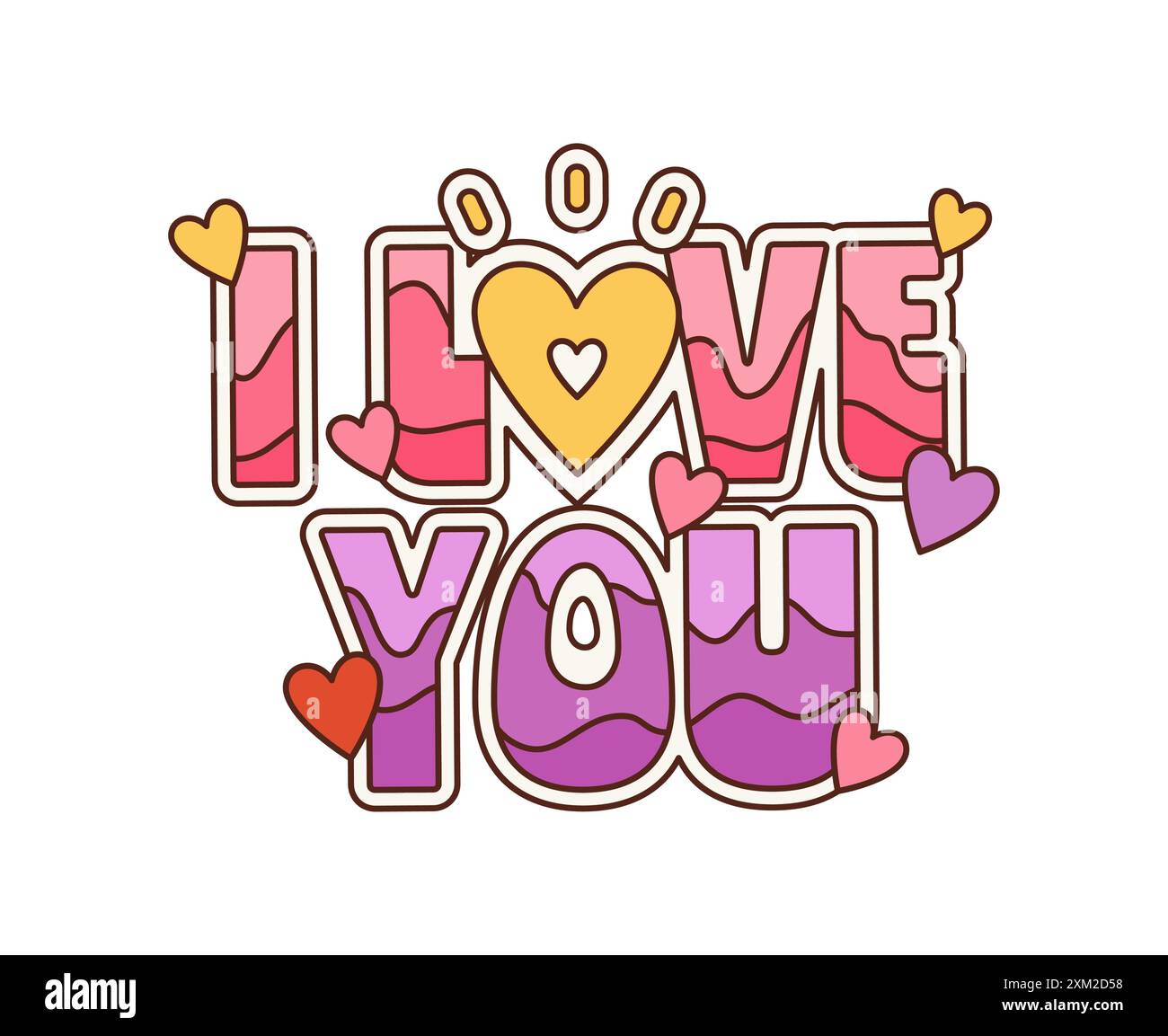 Cartoon retro groovy hippie i love you quote or phrase in bold, colorful letters with a striped pattern of pink and purple hues, and small heart shape Stock Vector