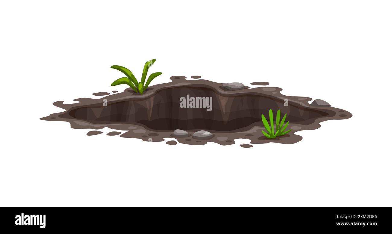 Ground hole or pit burrow in earth, deep dirty dig crack in soil, vector cartoon. Hole on ground or underground gap pit with mud in water puddle and g Stock Vector