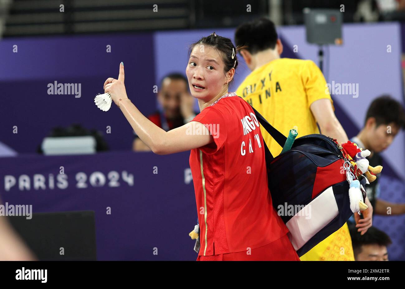Paris, France. 25th July, 2024. Huang Yaqiong of China reacts after a