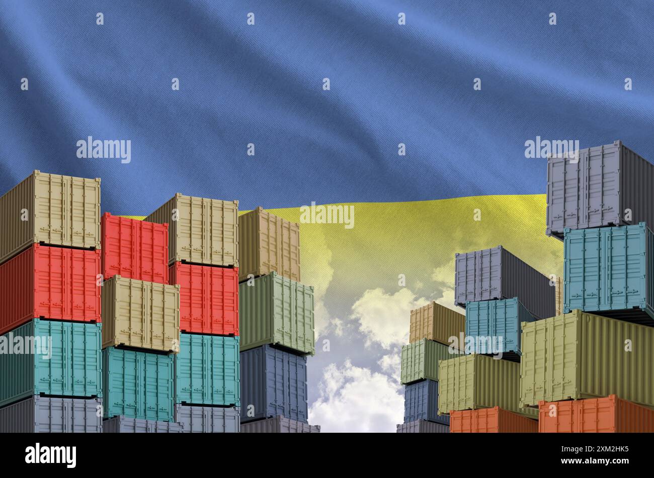 Ukraine flag and big stack of shipping cargo containers in docks with ...